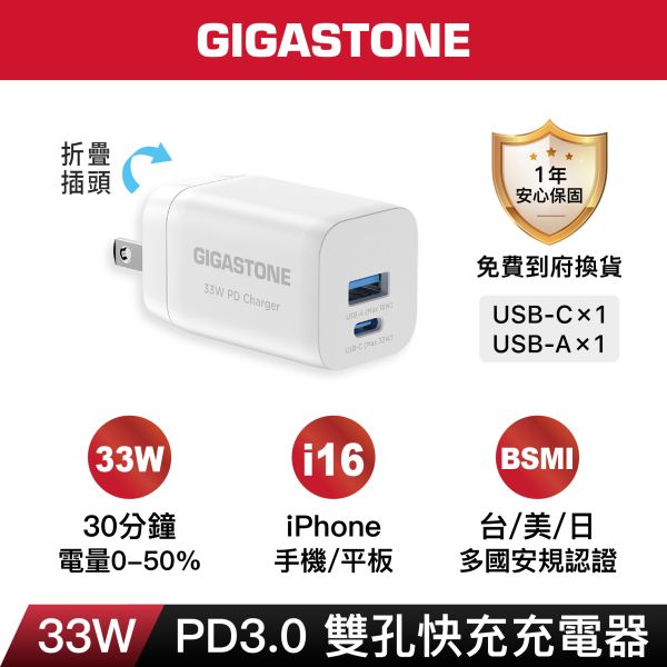 GIGASTONE 33W Type-C 雙孔快充電器 PD-6330W｜適用 iPhone/iPad/安卓手機/Type-C 快充頭｜1年保固 GIGASTONE,33W快充,PD快充,PD3.0,USB-C快充頭,USB-A快充,雙孔充電器,雙口快充,小型快充頭,折疊插頭,迷你充電器,iPhone快充,iPhone17快充,iPhone16充電器,iPad快速充電,Samsung快充,Huawei快充,ASUS快充,PPS快充,QC3.0快充,QC4.0快充,多國安規,BSMI認證,FCC認證,旅行充電器,全球電壓充電器,100-240