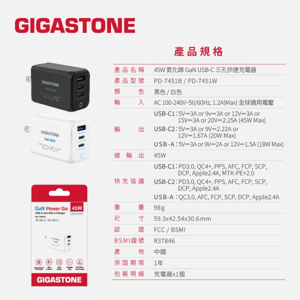 GIGASTONE 45W Plus GaN氮化鎵  三孔充電器 PD-7451｜適合 iPhone17/三星/安卓手機/平板/Mac筆電｜1年保固 GIGASTONE,45W快充,GaN充電器,氮化鎵,三孔充電器,Type-C充電器,PD快充,iPhone 17快充,iPhone 16充電器,iPhone快充頭,iPad快速充電,MacBook充電器,USB-C快充頭,三口快充,多孔快充,Samsung快充,Huawei快充,小米快充,Switch充電器,PD3.0快充,PPS快充,QC4.0快充,旅行充電器,迷你充電器,折疊插頭,手機充電頭