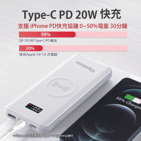 GIGASTONE Type-C 20W三合一充行動電源 10000mAh QP-10100W｜支援 iPhone17/無線充電/PD3.0/雙向快充/LED顯示 Gigastone QP-10100W, 同時三台充電, Type-C, Type-A, 支援PD3.0/QC3.0, PD3.0, QC3.0 ,Ligntning,無限快充,15W,LED電量顯示,20WPD快充,無線充行動電源