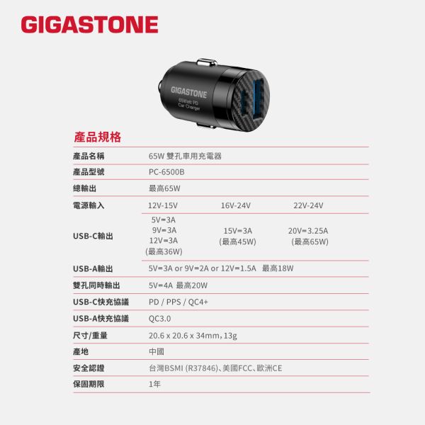 GIGASTONE 65W 超小型 雙孔車用充電器 PC-6500B｜適用iPhone/三星手機/iPad/TypeC PD快充 65W車充,雙孔車用充電器,PC-6500B,PD車充,Type-C快充車充,iPhone車充,三星手機車充,超小型車充,汽車快充充電器,車用USB充電器
