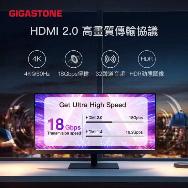 GIGASTONE HDMI2.0白金認證 4K 60Hz螢幕影像傳輸線｜鍍金接頭/兼容性高 / HDR / 18Gbps GIGASTONE HDMI2.0白金認證 4K 60Hz螢幕影像傳輸線｜鍍金接頭/兼容性高 / HDR / 18Gbps