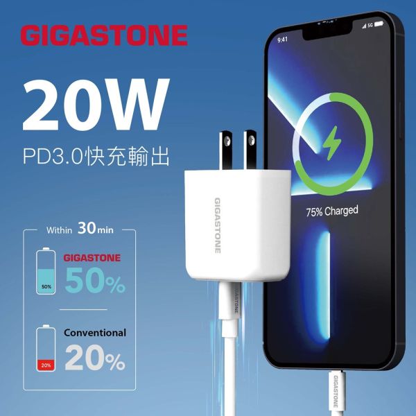 GIGASTONE 20W 快速雙孔充電器 PD3.0 QC3.0 PPS｜適用 iPhone/iPad/三星/華為/華碩/安卓手機 Type-C 快充頭｜1年保固 GIGASTONE 20W 快速雙孔充電器 PD3.0 QC3.0 PPS｜適用 iPhone/iPad/三星/華為/華碩｜1年保固