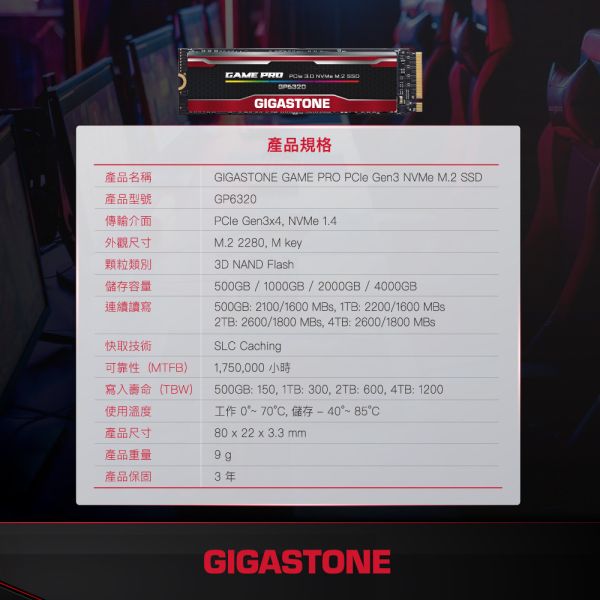 GIGASTONE 電競固態硬碟 M.2 NVMe PCIe Gen3  內接式SSD｜500GB/1TB/2TB/4TB 最高3400MB/s GIGASTONE 電競固態硬碟 M.2 NVMe PCIe Gen3 內接式SSD｜500GB/1TB/2TB/4TB 最高3400MB/s