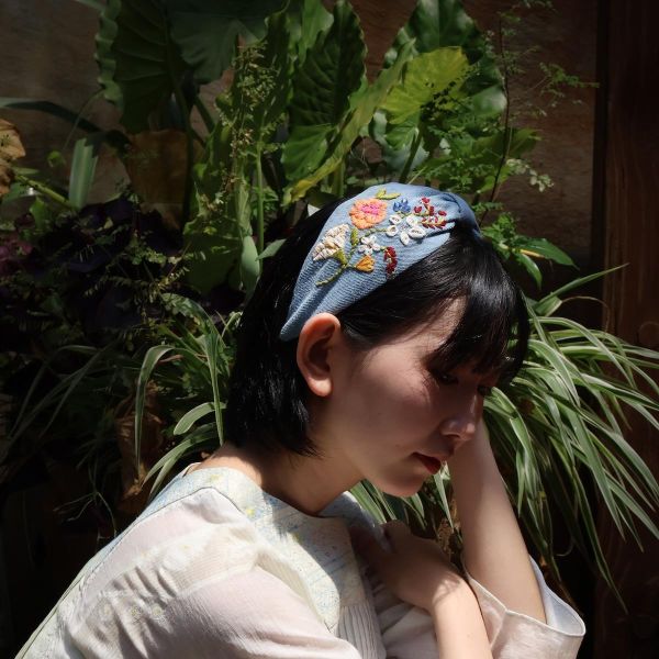 【Namjosh】手工珠繡髮箍＿單寧小花 髮夾、髮飾、手工刺繡