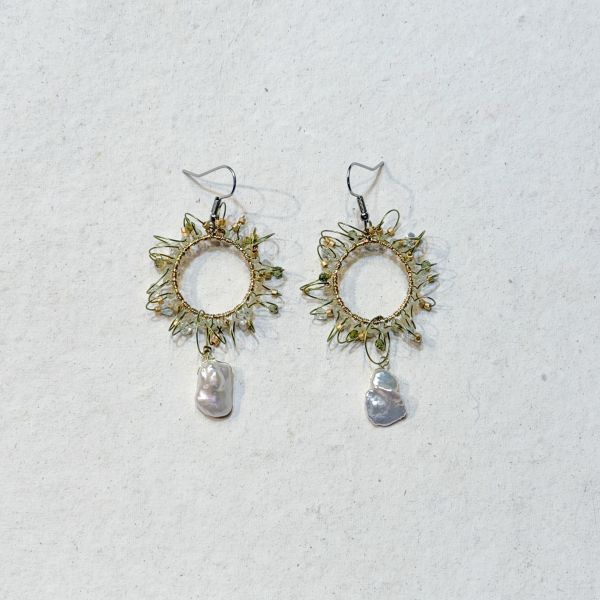 【藍珊瑚】大圈巴洛克珍珠耳環 貝殼,項鍊,海洋廢物,魚骨,骨頭,珍珠,藍珊瑚,珊瑚,黃銅