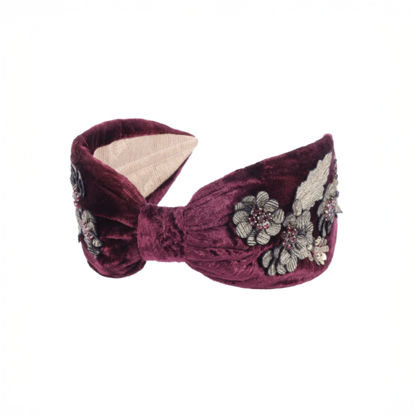 【Namjosh】手工珠繡髮箍＿酒紅絨布金花 髮夾、髮飾、手工刺繡