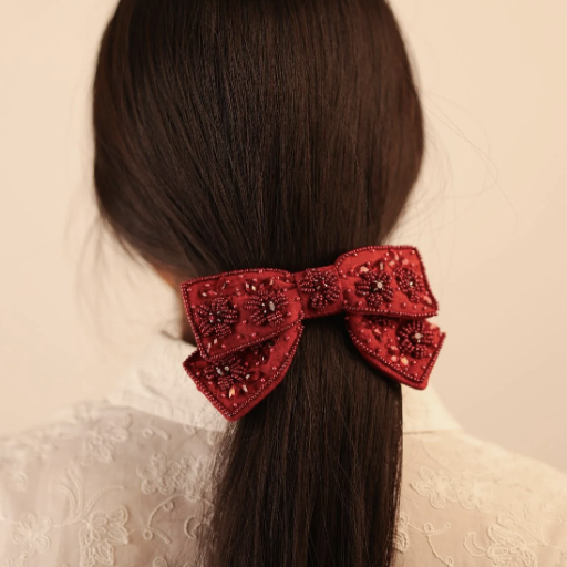 【Namjosh】手工珠繡蝴蝶結髮夾_聖誕紅 髮夾、髮飾、手工刺繡