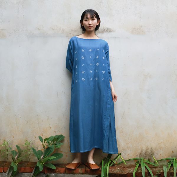 【Maku Textile】KAIPO絲棉七分袖洋裝 手織,手紡紗,洋裝,蠶絲,植物染,草木染