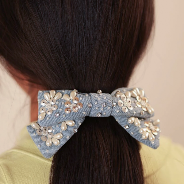 【Namjosh】手工珠繡蝴蝶結髮夾_淺色單寧 髮夾、髮飾、手工刺繡