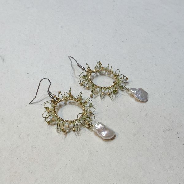 【藍珊瑚】大圈巴洛克珍珠耳環 貝殼,項鍊,海洋廢物,魚骨,骨頭,珍珠,藍珊瑚,珊瑚,黃銅