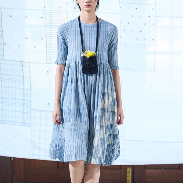 【Maku Textile】Zibaa藍靛睡蓮洋裝_小渕裕染製 手織,手紡紗,洋裝,泥染,弁柄染,礦物染,卡蒂棉