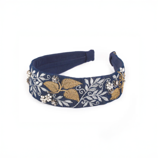 【Namjosh】手工珠繡髮箍＿深藍金銀樹葉 髮夾、髮飾、手工刺繡
