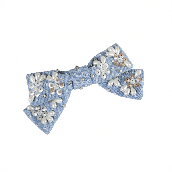 【Namjosh】手工珠繡蝴蝶結髮夾_淺色單寧 髮夾、髮飾、手工刺繡