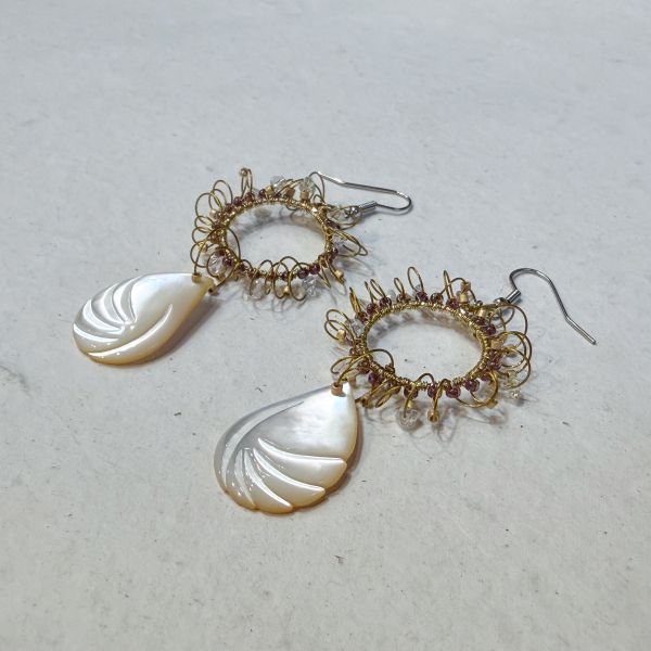 【藍珊瑚】大圈水滴珍珠貝耳環 貝殼,項鍊,海洋廢物,魚骨,骨頭,珍珠貝,藍珊瑚,珊瑚,黃銅