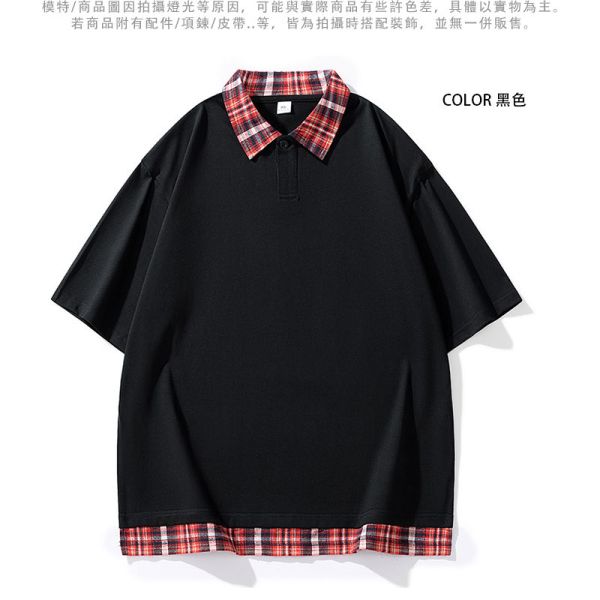情侶款 格紋領 假兩件polo衫 素色個性 短袖polo衫 POLO,男生POLO衫,女生POLO衫,格紋,假兩件,叫阿潮