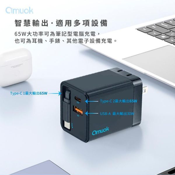 【amuok】65W GaN自帶線快充頭 amuok,充電器,充電頭,氮化鎵,TYPEC,快充頭,叫阿潮