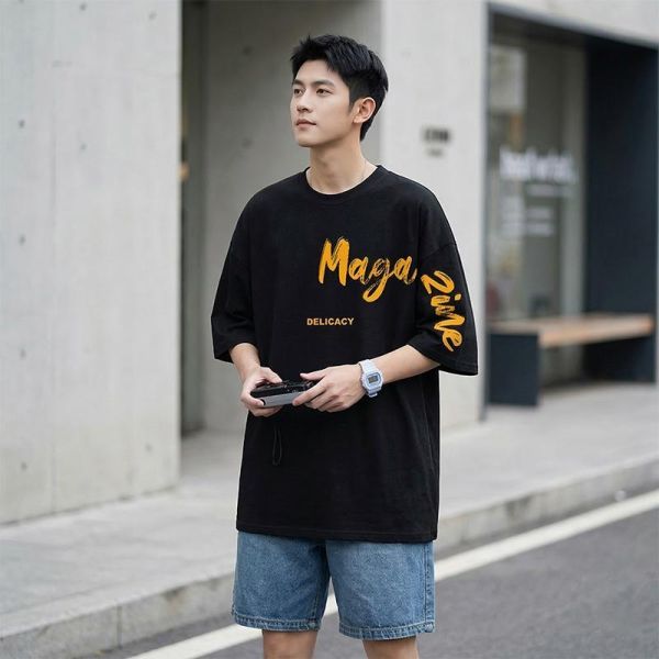 寬鬆落肩 美式街頭字母印花 純棉短袖T恤 短袖T恤,純棉T恤,男生T恤,寬鬆T恤,美式T恤,叫阿潮