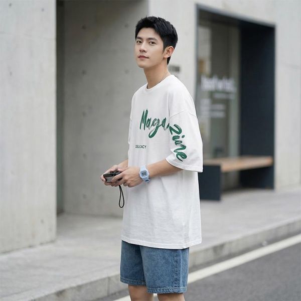 寬鬆落肩 美式街頭字母印花 純棉短袖T恤 短袖T恤,純棉T恤,男生T恤,寬鬆T恤,美式T恤,叫阿潮