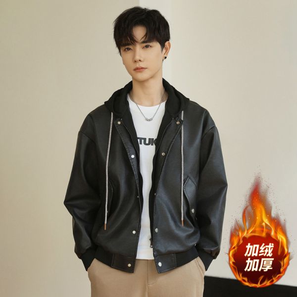 加絨皮衣 騎士外套 假兩件設計 加厚保暖 連帽皮衣外套 騎士外套,加絨皮衣,皮衣外套,假兩件外套,加絨外套,叫阿潮