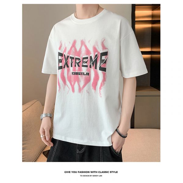 現貨【彩藍2XL】圓領 落肩設計 火焰造型 短袖T恤 短袖,t恤,短袖t恤,涼感,透氣,男生t恤,男裝,美式印花,火焰印花
