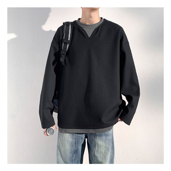 華夫格長袖 V領 寬鬆剪裁 假兩件 長袖t恤 長袖t恤,v領t恤,華夫格,男生上衣,寬鬆t恤,叫阿潮