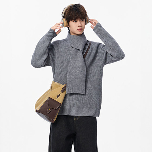 日韓風格 圍巾領可拆卸 保暖毛衣 針織長袖t恤 毛衣,針織,男生毛衣,圍巾,t恤,叫阿潮