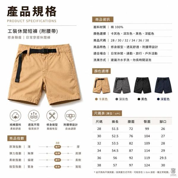 附腰帶修身卡其短褲 男生日常百搭五分褲 休閒短褲,男生褲子,工裝短褲,五分褲,叫阿潮