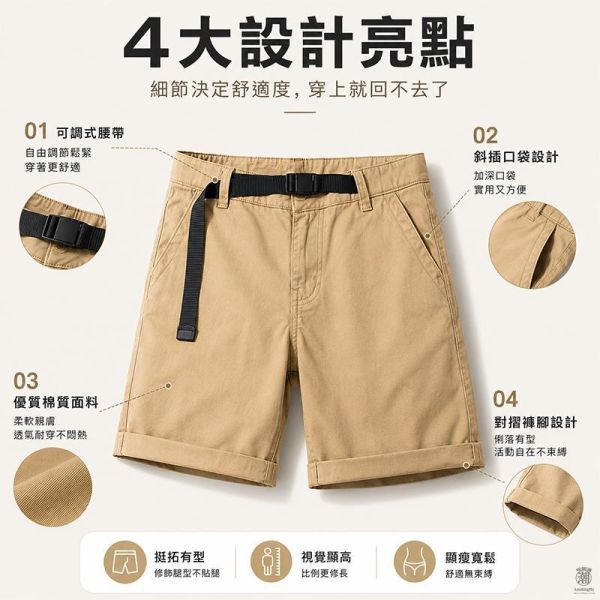 附腰帶修身卡其短褲 男生日常百搭五分褲 休閒短褲,男生褲子,工裝短褲,五分褲,叫阿潮