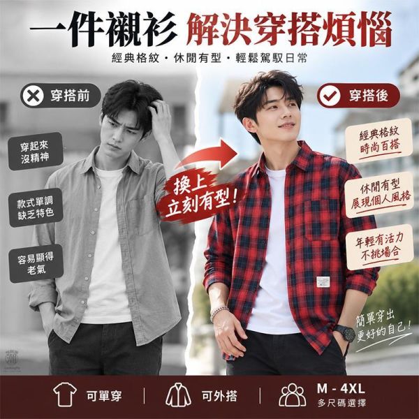 經典格紋 男生休閒長袖襯衫 長袖襯衫,格紋襯衫,男生襯衫,休閒襯衫,復古格紋襯衫,叫阿潮