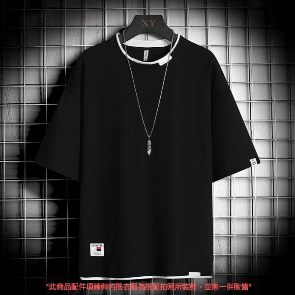 現貨【白色XL】圓領 落肩設計 素色 假兩件 缺口造型 短袖T恤 上衣,T恤,短袖