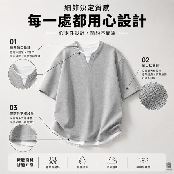 韓系寬鬆落肩層次感 假兩件華夫格短袖Tee 短袖T恤,假兩件上衣,男生短袖,華夫格短袖,寬鬆T恤,韓系上衣,叫阿潮