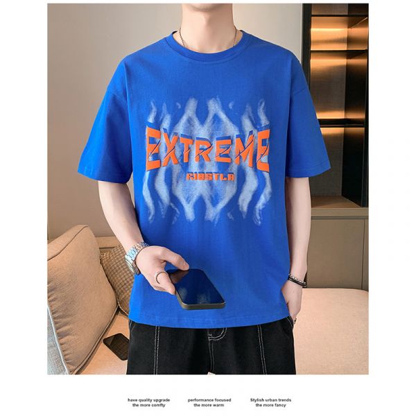 現貨【彩藍2XL】圓領 落肩設計 火焰造型 短袖T恤 短袖,t恤,短袖t恤,涼感,透氣,男生t恤,男裝,美式印花,火焰印花