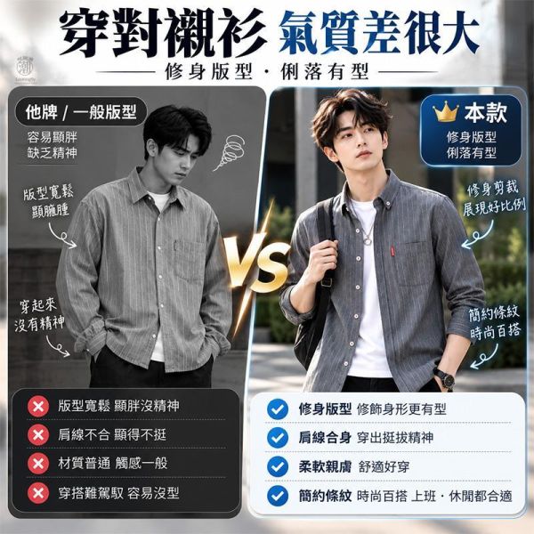 條紋修身休閒長袖襯衫 男士襯衫,條紋襯衫,長袖襯衫,休閒襯衫,修身襯衫,男裝上衣,直條紋襯衫,上班襯衫