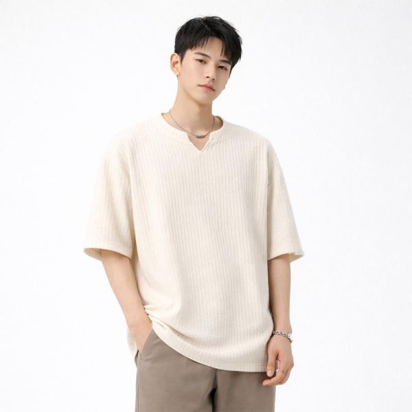 日韓系立體坑條 寬鬆小V領短袖T恤 坑條上衣,小V領,V領T恤,日韓上衣,短袖T恤,寬鬆T恤,叫阿潮