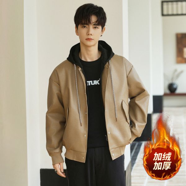 加絨皮衣 騎士外套 假兩件設計 加厚保暖 連帽皮衣外套 騎士外套,加絨皮衣,皮衣外套,假兩件外套,加絨外套,叫阿潮