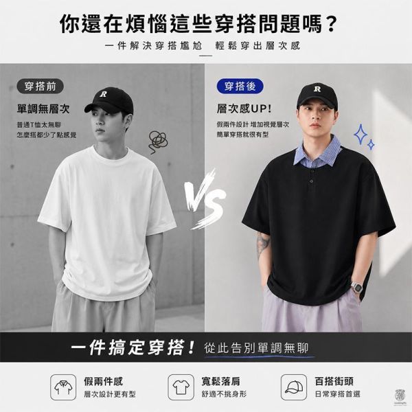 假兩件條紋翻領POLO衫 寬鬆短袖上衣 假兩件T恤,男生短袖,POLO衫,寬鬆上衣,叫阿潮