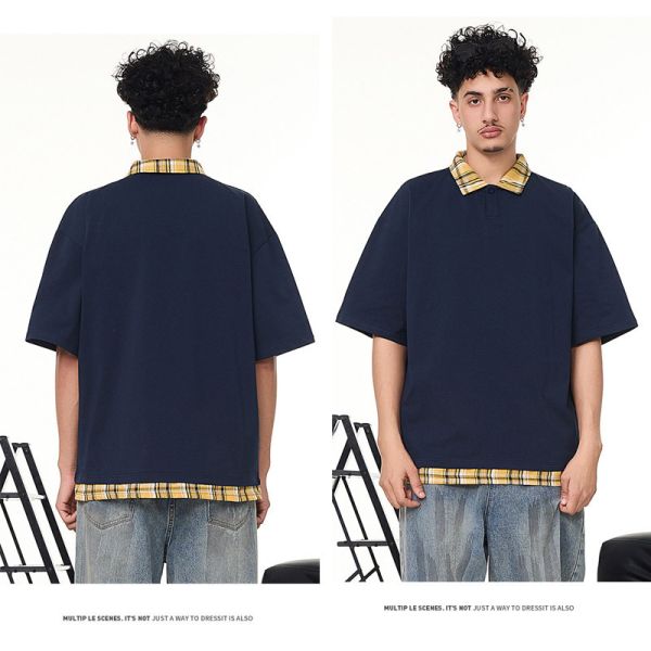情侶款 格紋領 假兩件polo衫 素色個性 短袖polo衫 POLO,男生POLO衫,女生POLO衫,格紋,假兩件,叫阿潮