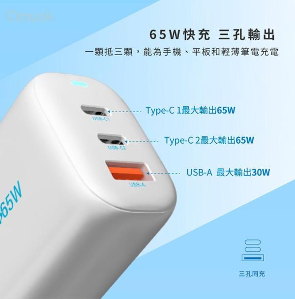 【amuok】65W GaN氮化鎵三孔快充充電器 amuok,充電器,充電頭,氮化鎵,TYPEC,快充頭,叫阿潮