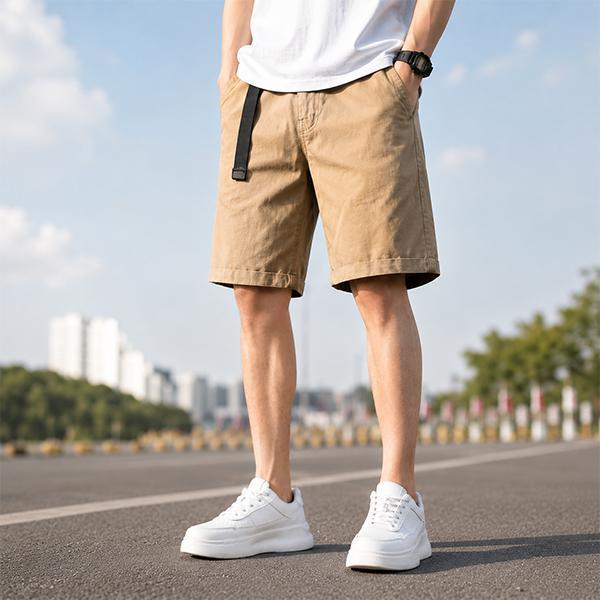 附腰帶修身卡其短褲 男生日常百搭五分褲 休閒短褲,男生褲子,工裝短褲,五分褲,叫阿潮