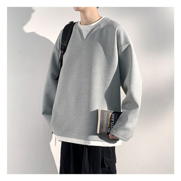 華夫格長袖 V領 寬鬆剪裁 假兩件 長袖t恤 長袖t恤,v領t恤,華夫格,男生上衣,寬鬆t恤,叫阿潮