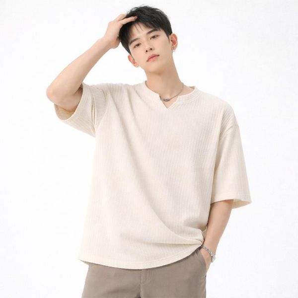 日韓系立體坑條 寬鬆小V領短袖T恤 坑條上衣,小V領,V領T恤,日韓上衣,短袖T恤,寬鬆T恤,叫阿潮