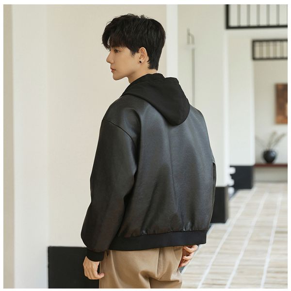 騎士外套 假兩件設計 休閒穿搭 連帽皮衣外套 皮衣外套,假兩件外套,秋冬外套,叫阿潮