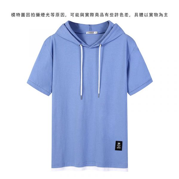 舒適棉質 下擺假兩件 素色 短袖連帽 連帽T 短袖T恤 上衣,T恤,短袖,連帽T恤