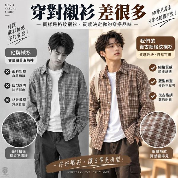 復古細格紋 男生休閒長袖襯衫 細格紋襯衫,日系襯衫,長袖襯衫,格紋襯衫,男生襯衫,休閒襯衫,復古格紋襯衫,叫阿潮