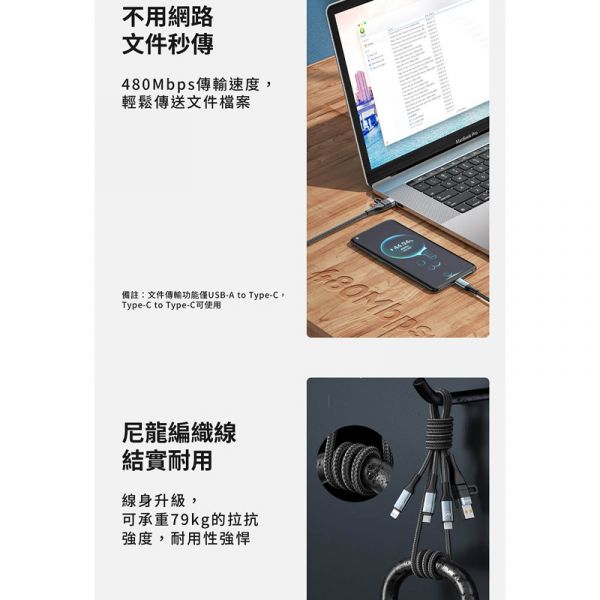 領臣 二拖三 多功能 快充線(66W)(U+T to M+L+T)(1.8m) 領臣,二拖三,數據線,充電線,快充線,傳輸線