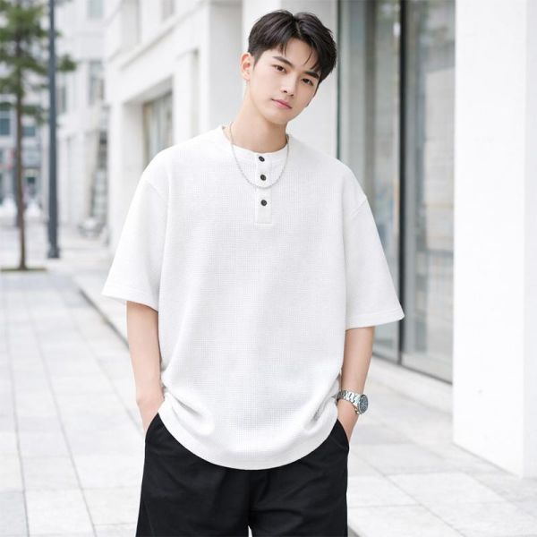 日系華夫格 寬鬆亨利領短袖T恤 華夫格,短袖T恤,亨利衫,亨利領,男生T恤,寬鬆T恤,叫阿潮