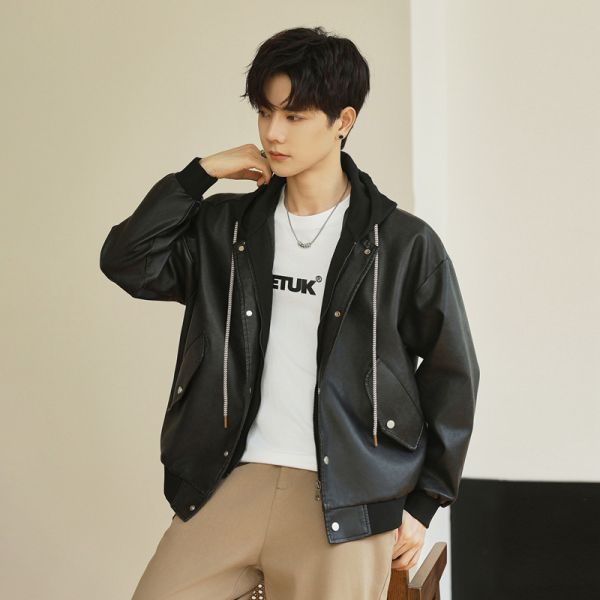 騎士外套 假兩件設計 休閒穿搭 連帽皮衣外套 皮衣外套,假兩件外套,秋冬外套,叫阿潮