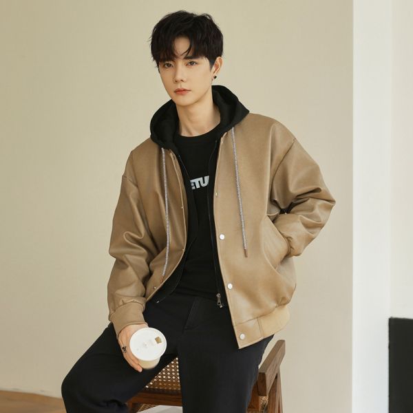 騎士外套 假兩件設計 休閒穿搭 連帽皮衣外套 皮衣外套,假兩件外套,秋冬外套,叫阿潮