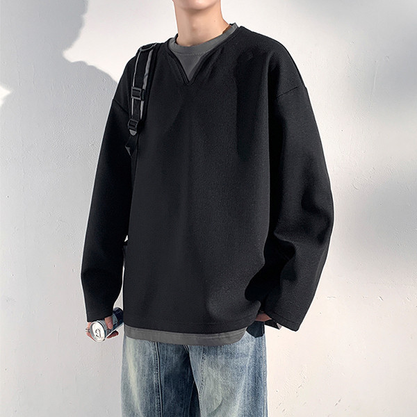 華夫格長袖 V領 寬鬆剪裁 假兩件 長袖t恤 長袖t恤,v領t恤,華夫格,男生上衣,寬鬆t恤,叫阿潮