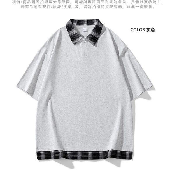 情侶款 格紋領 假兩件polo衫 素色個性 短袖polo衫 POLO,男生POLO衫,女生POLO衫,格紋,假兩件,叫阿潮